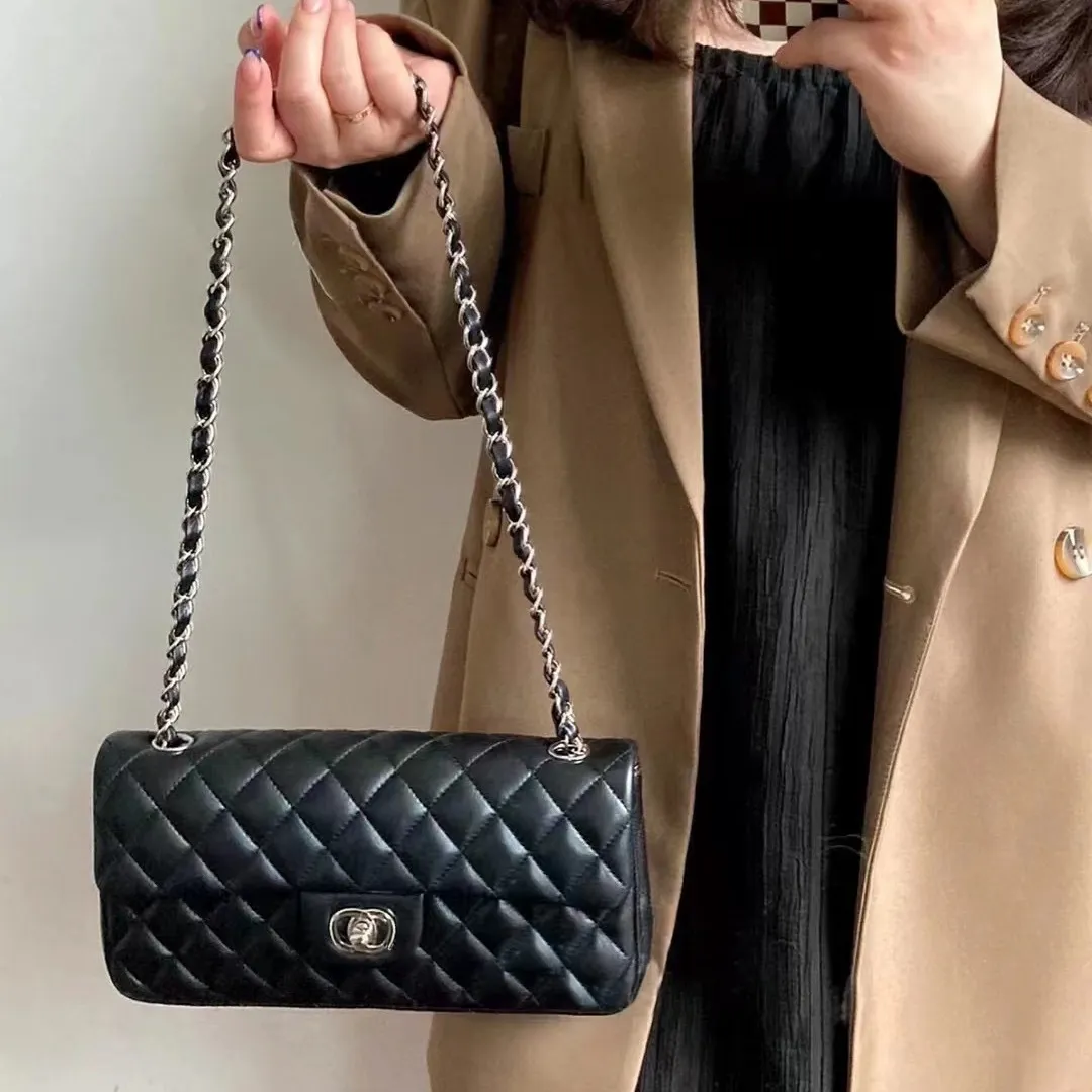 sacs pour femmes de marque produits de luxe en cuir véritable treillis rhombique caviar chaîne en métal couvercle rabattable sac à bandoulière de haute qualité sac à bandoulière oblique à une épaule noir