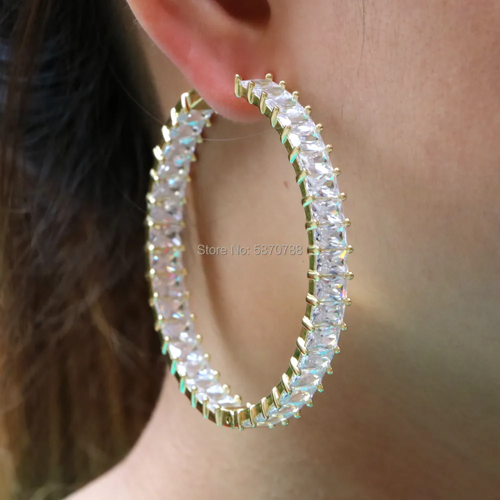 Hoop Huggie 55mm Big Hoop-Earrings Gold Plated Baguette Zirconia Charm Hoop Earring for Women Gift 230614