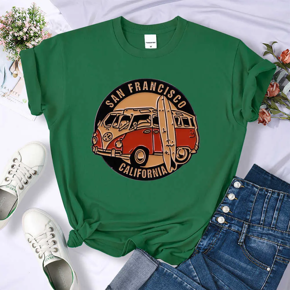 T-Shirt Femme San Francisco California Vintage School Bus Print T-shirt Femme Street Respirant Tops Loose Short Sleeve Daily Summer Clothes