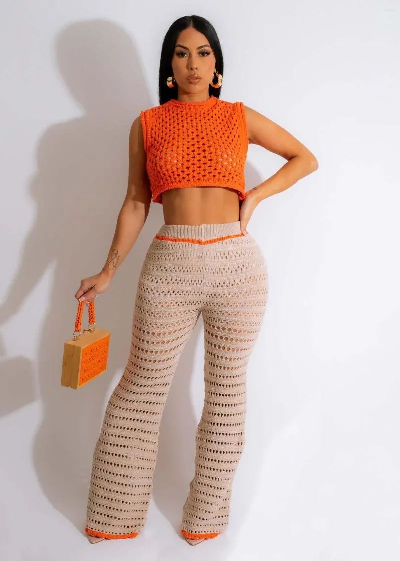 Dwuczęściowe spodnie damskie BodyCon Knitbed Bilmbed Crochet Hole Plaży Set Tank i szeroka noga 2023 Summer 2 stroje dresowe