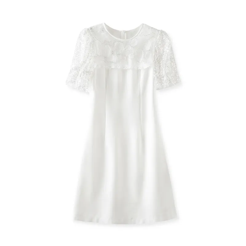 2023 été blanc couleur unie BeadedDress manches courtes col rond genou longueur robes décontractées W3L040202