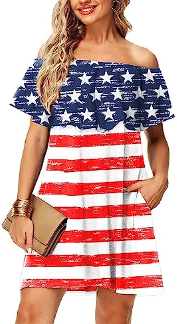 Robe d'été à épaules dénudées pour femme, tenue à la mode, avec drapeau patriotique, avec poches