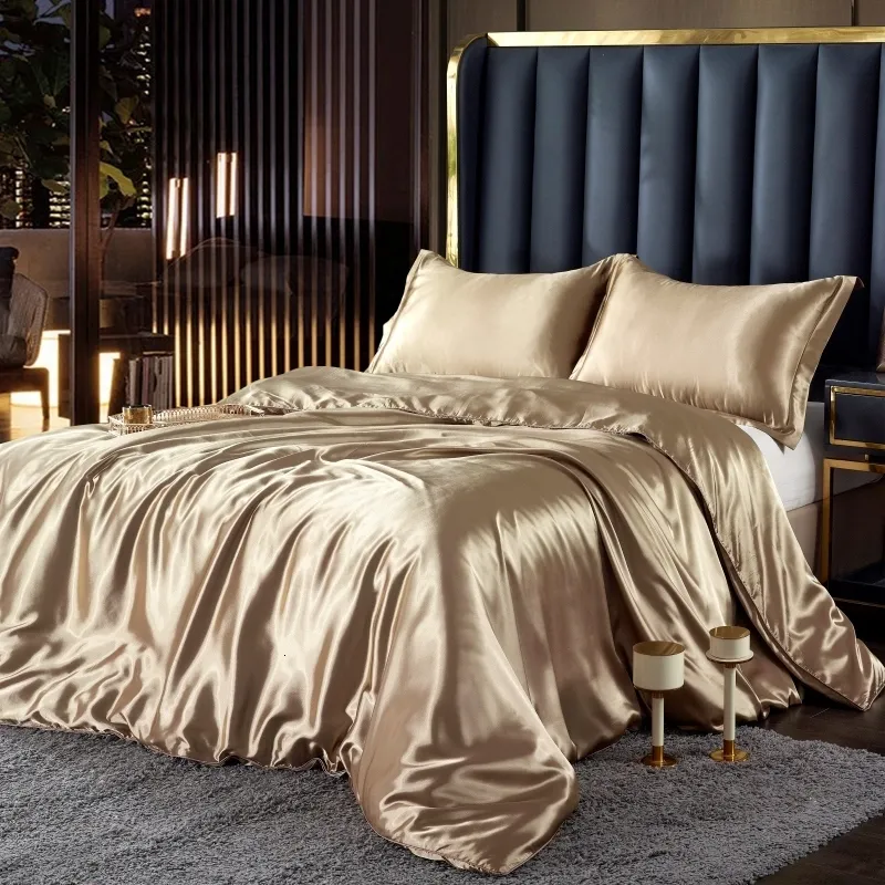Luxury Nordic Mulberry Silk Satin Sheet Set With Duvet Cover, Bed