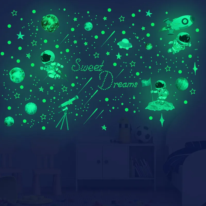 Luminoso Astronauta Star Dot Luminoso Decorazione della stanza dei bambini Adesivo da parete Adesivo in PVC autoadesivo Adesivo da parete fluorescente