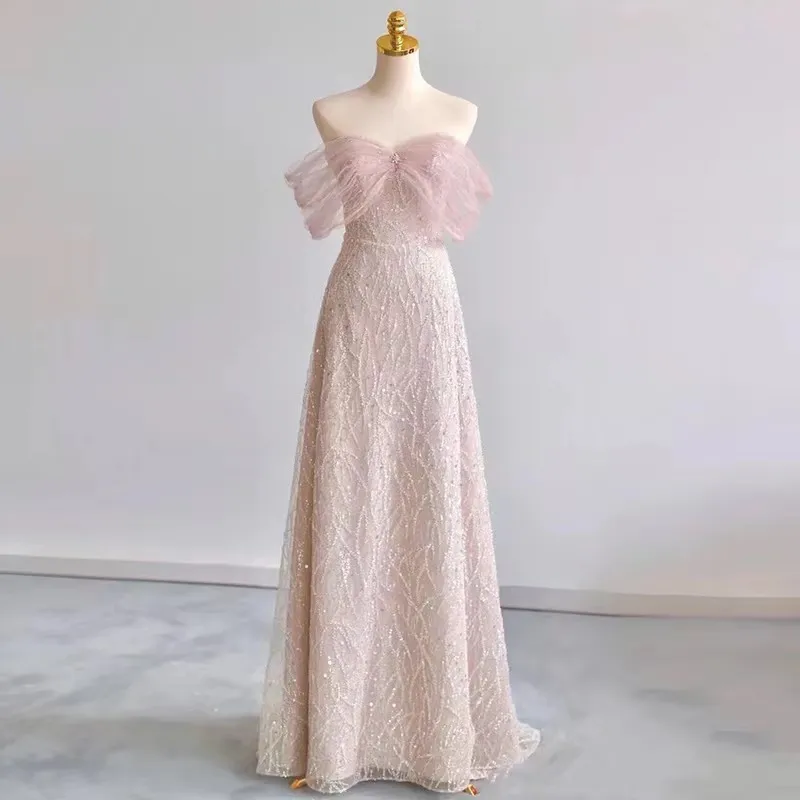 2023 Sexy lange Cocktailkleider Erröten Rosa Spitze Applikationen Perlen Blumen Pailletten Kristall Satin Schulterfrei Luxus Partykleider Heimkehr Abschlussball Cocktailkleid Frau