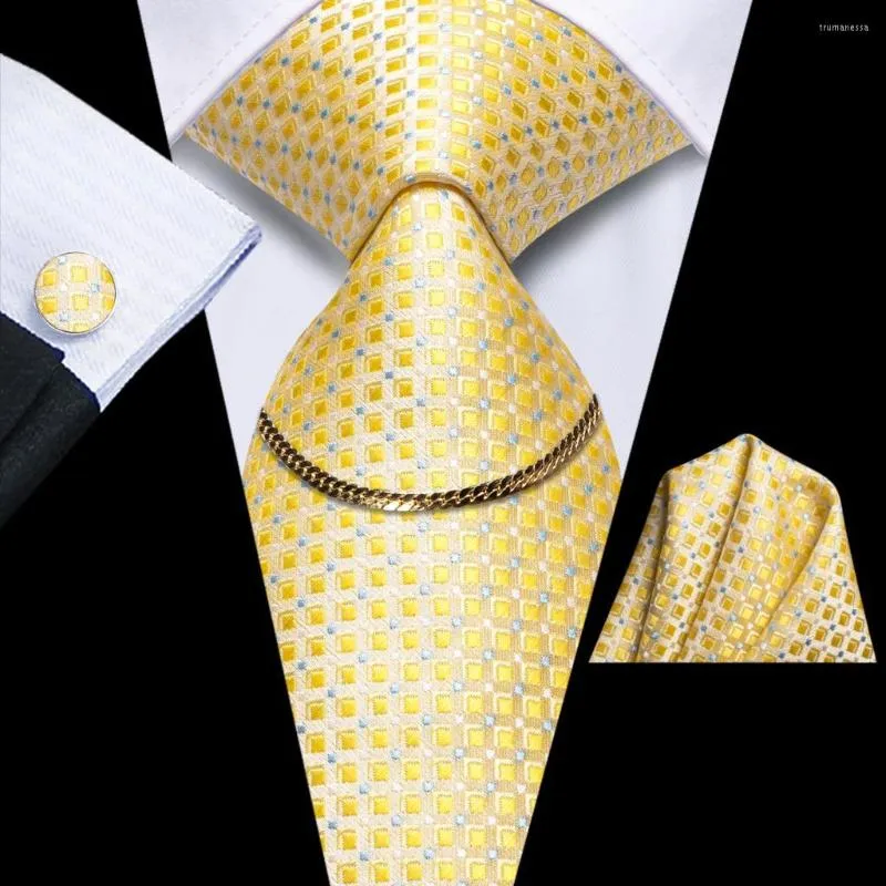 Bow Ties 2023 Yellow Plaid Luxury Silk Men Tie Fashion Necktie Chain Hanky Cufflink Gift For Wedding Hi-Tie Designer Wholesale