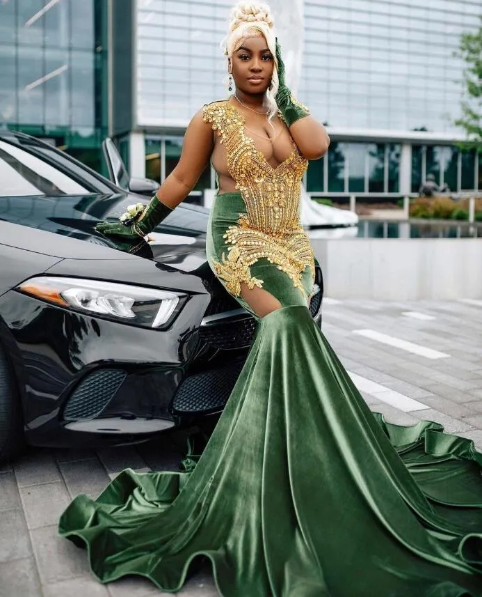 Amy Green Velvet African Mermaid Prom Dresses Gillter Beaded Crystal See Through Black Girl Evening Birthday Dress