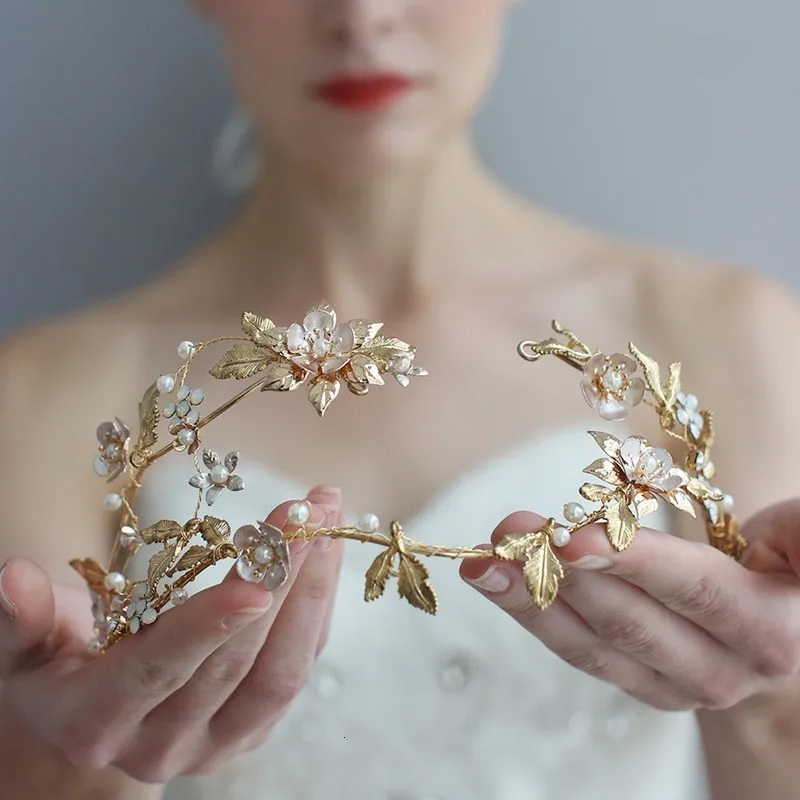 Wedding Hair Jewelry Gold Color Leaf Floral Wedding Tiara Hair Crown Accessories Handmade Bridal Headband Women Party Headpiece 230614