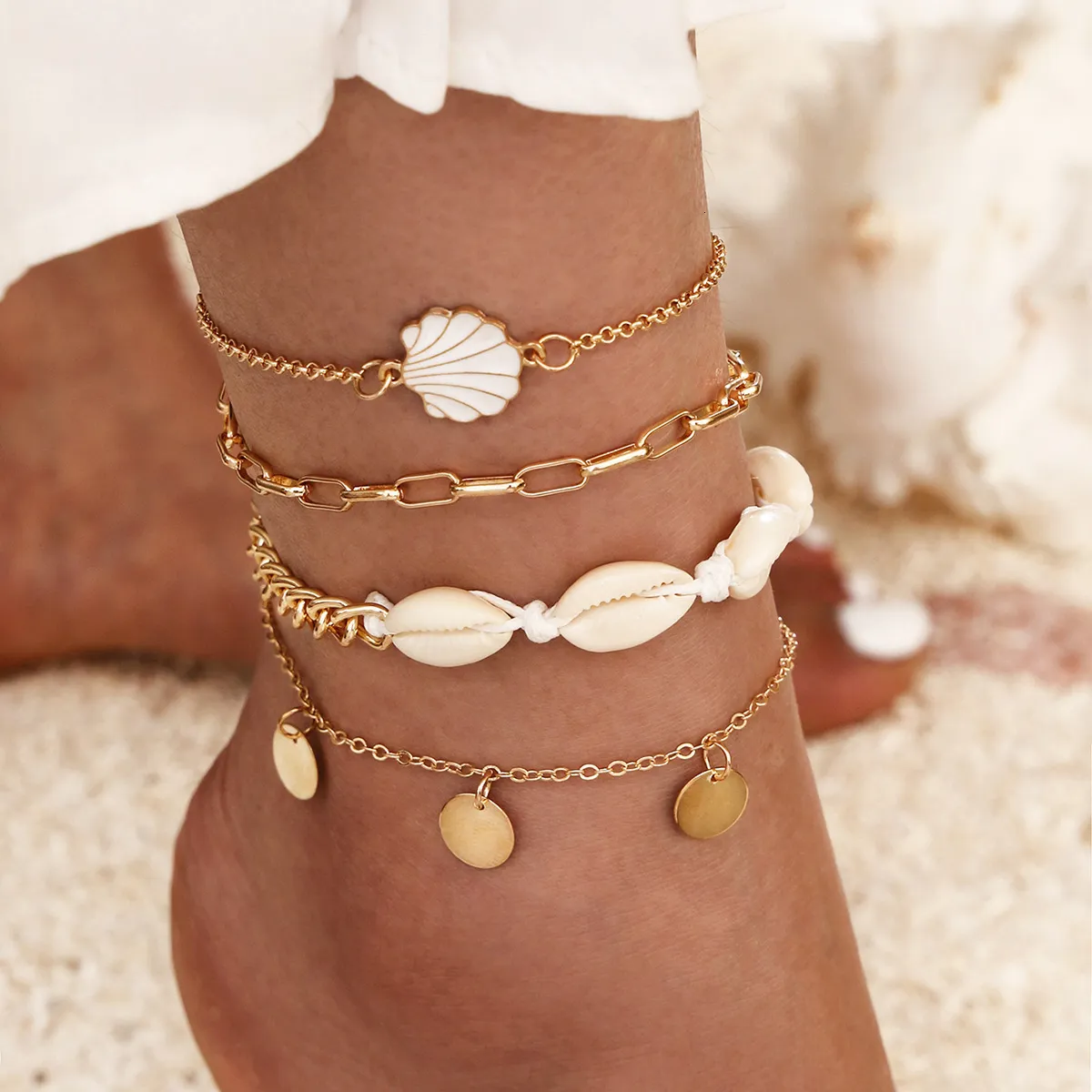 Anklets 4pcset Böhmen Shell Chain Anklet Set for Womenas paljetter Ankelarmband på Leg Foot Fashion Trendy Summer Beach Jewelry Gift 230614