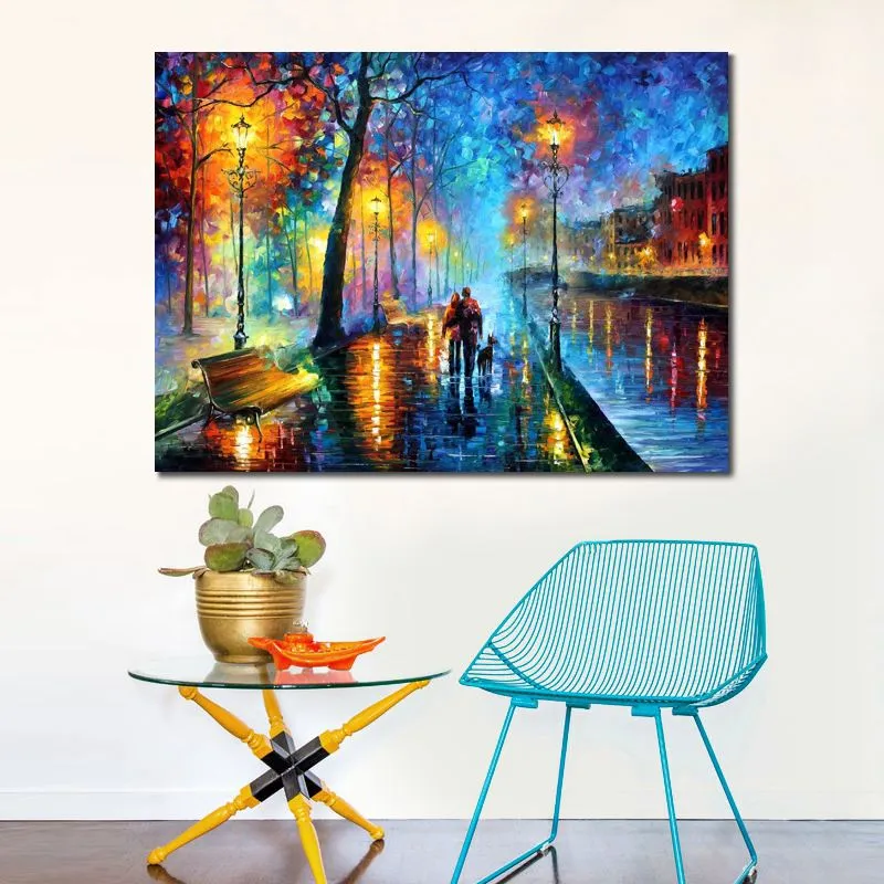 Samtida abstrakt Canvas Art Melody of the Night CityScape Oil Målning handgjorda moderna pubbardekor