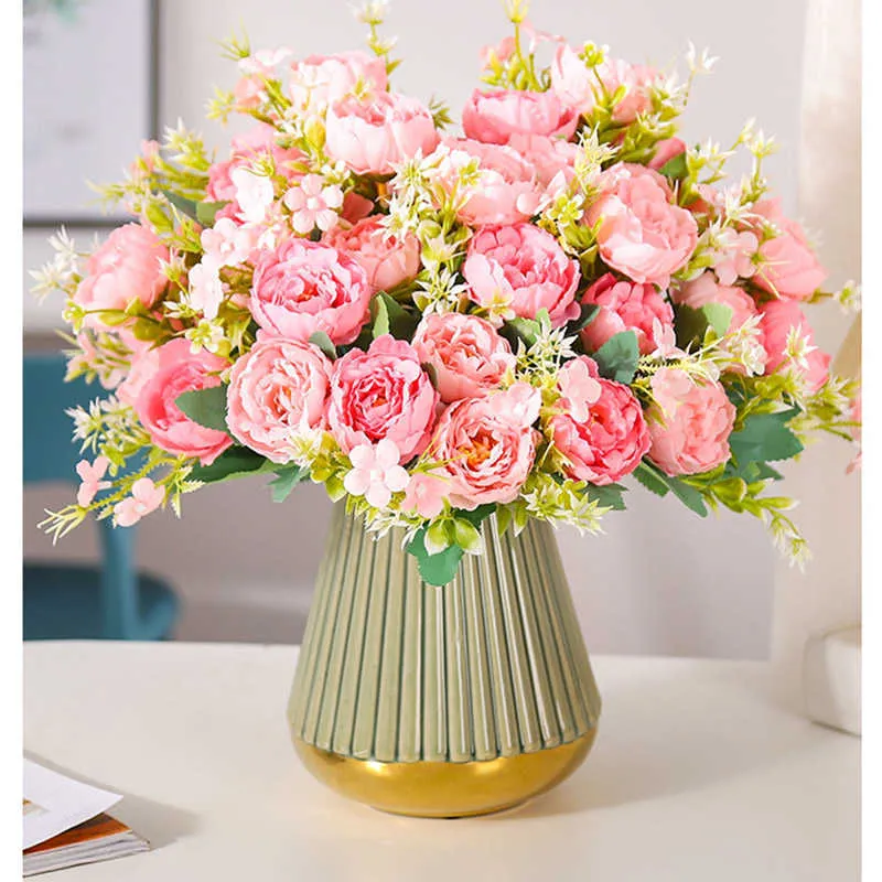 Bouquet de fleurs séchées de soie vintage artificielle rose pivoine bouquet blanc mariée de mariage tenant de fausses plantes accessoires de décoration de la maison