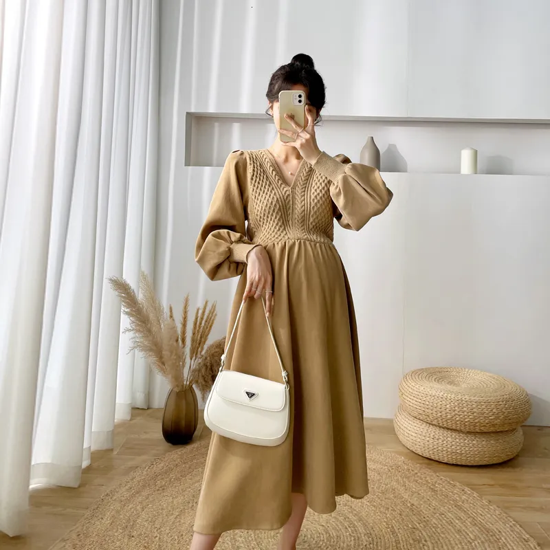 Moderskapsklänningar 241# Autumn Winter Thick Sweaters Patchwork Corduroy Maternity Dress Fashion Ins A Line Clothes For Pregnant Women Pregrancy 230614