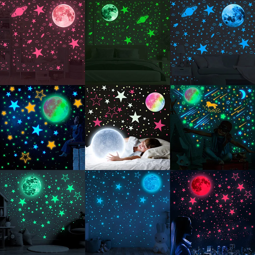 Glow in the Dark Wall Decals - Kids Room Decor: Luminous Moon, Stars ...