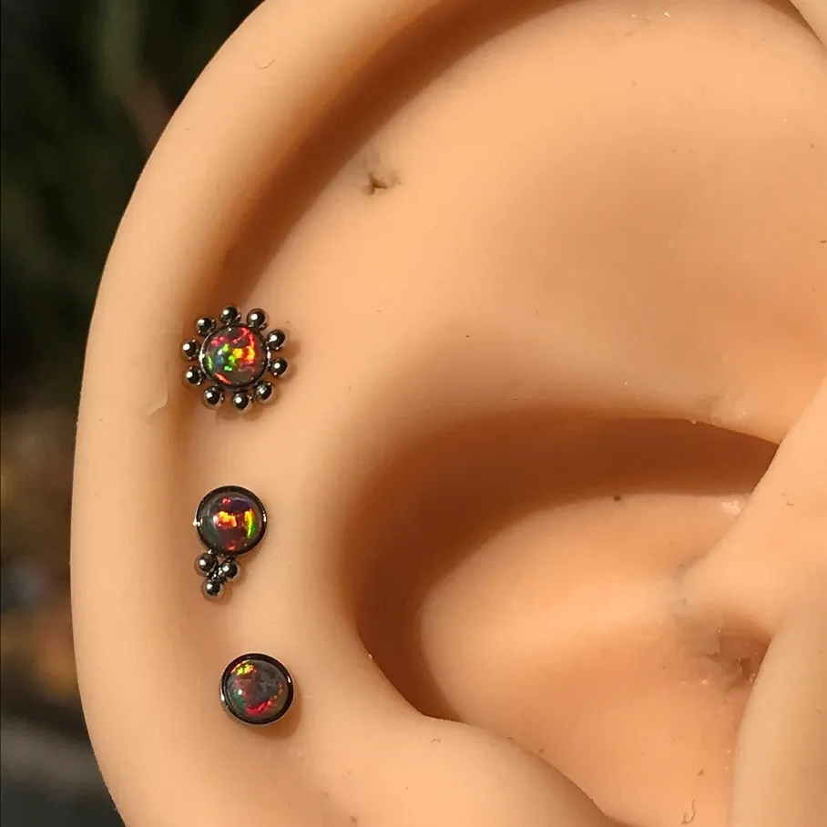 Labret Lip Piercing Jewelry 3PcSet Opal Ear Studs Cartilage Earring 16G Steel Internal Thread Flower Rings Woman 230614