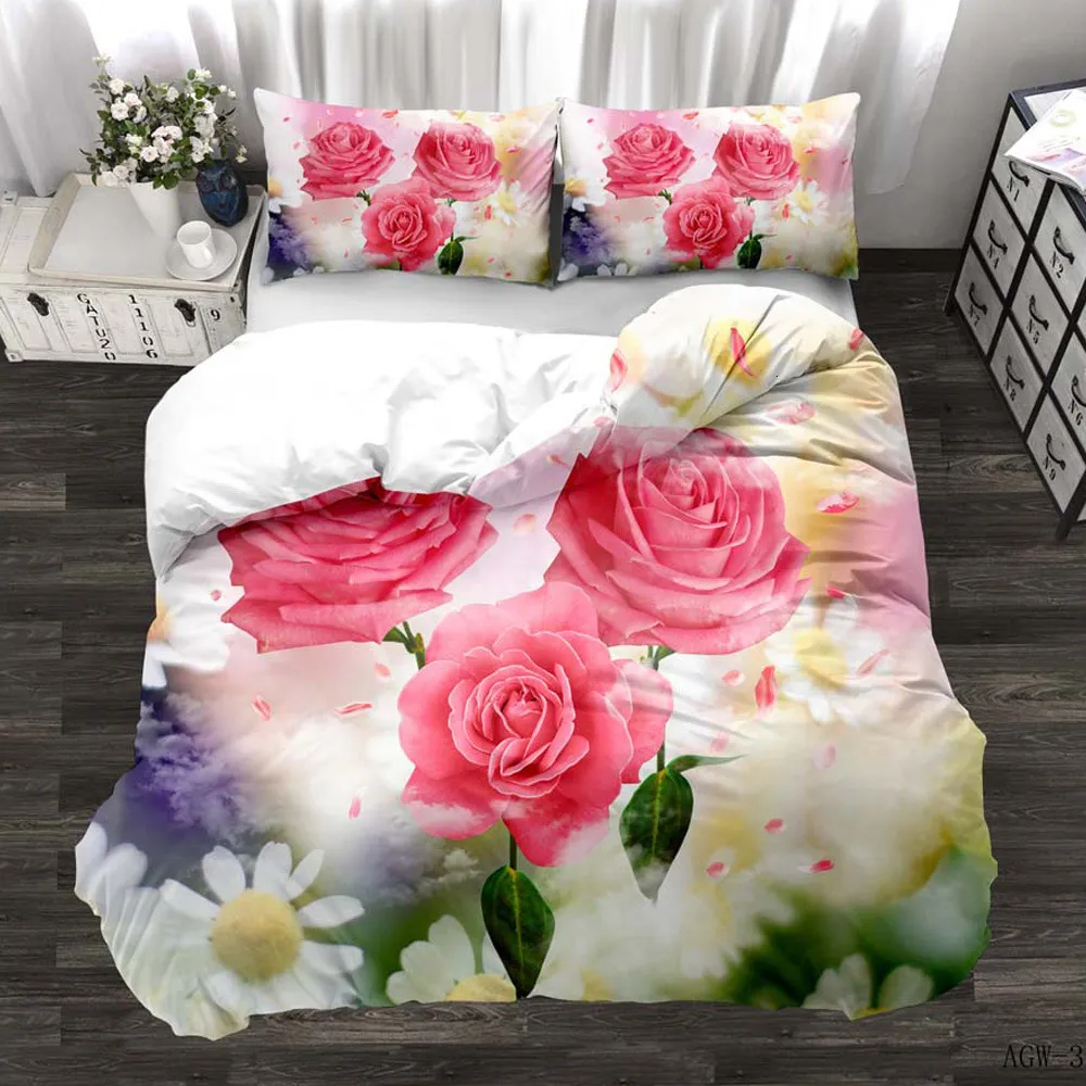 Bedding sets Pink Rose Bedding Set KingqueenFullTwin Size For Girls Women Romantic Floral Theme Duvet Cover With 2 Pillowcases multicolor 230614