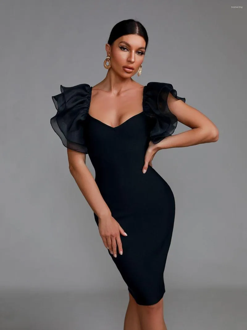 Casual Dresses Black Bandage Dress Women Party Bodycon Elegant Sexy Chffion Embellished Birthday Evening Club Outfits Summer 2023