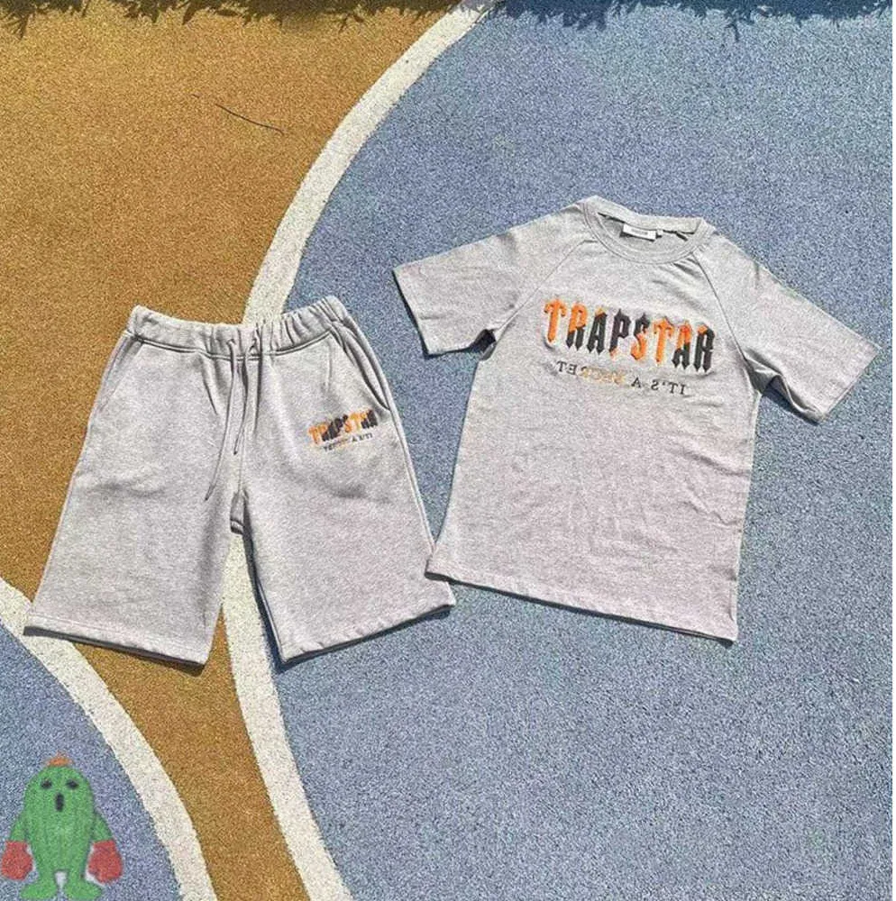Heren T-shirts Heren Dames Trapstar T-shirts Zomeroutfit Oranje Grijs Handdoekborduurwerk Korte mouw Paar Top Tee Set Getijdenstroom ontwerp 111ess