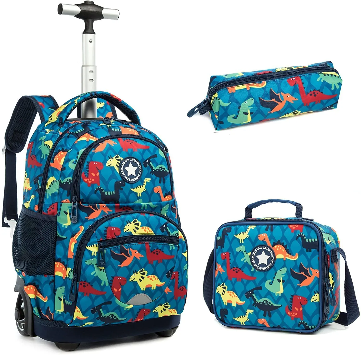 Boy rolling backpacks shop for school