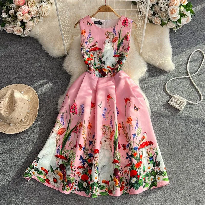 Casual Dresses Summer Light Luxury Temperament Round Neck Waist Slim Sleeveless A-Line Print Dress Elegant Fashion Women Midi Pink Z1306