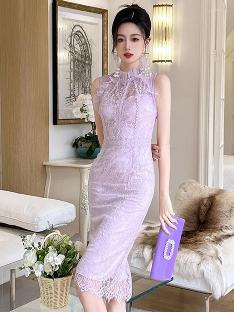 Summer Elegant Lace Sheer Size Midi Dress For Women Sleeveless