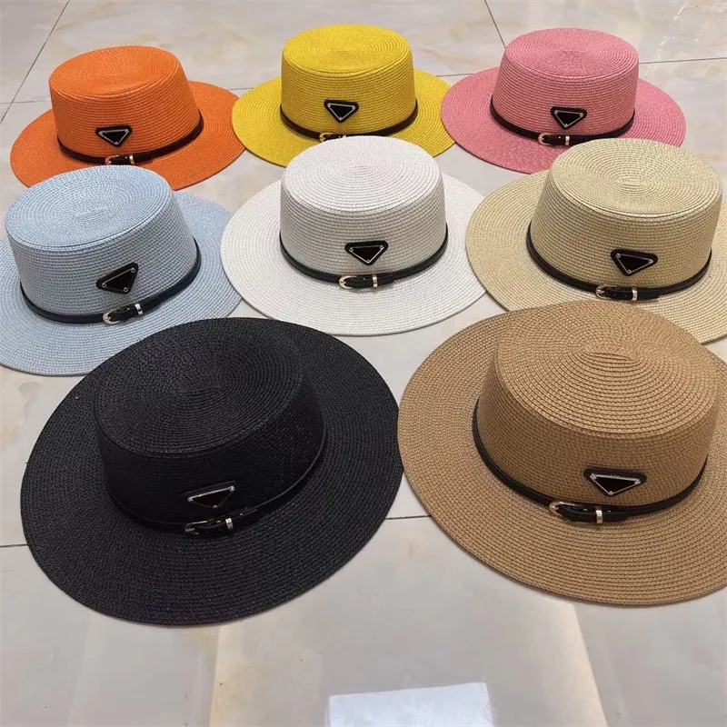 Designer Straw Hat 8 Color Men Women Caps Beach Hatts Flat Top Sun Hat Högkvalitativ ren handvävd raffia hinkhattar