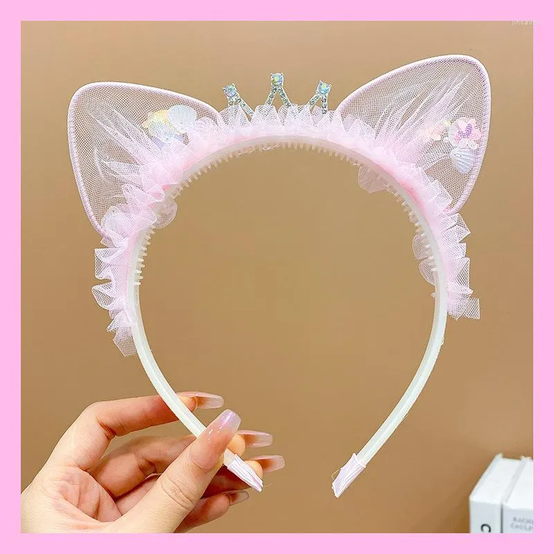 Hair Accessories Cute Lace Net Yarn Crown Headband For Girls Ear Bow Hairbands Princess Pink Hoop Christmas Gift Accessiories