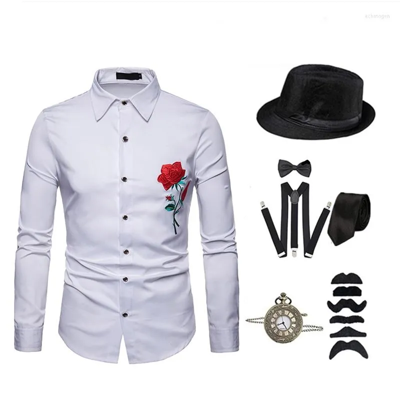 Ternos masculinos Camisas masculinas da década de 1920 Conjunto de festa de carnaval vintage Camisa com acessórios Chapéu Fedora Gatsby Gang Relógio de bolso Fumaça