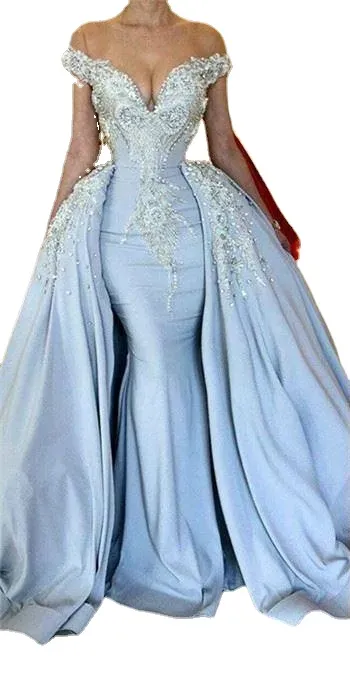 Luxury Light Sky Blue Mermaid Prom Dresses with Long Train Beadings Crystals Sequined Off Shoulder Evening Gowns Special Occasion Dress