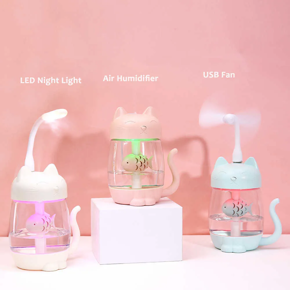 Humidifiers 350ML Air Humidifier with Light Ultrasonic Adorable Cat Mini USB Humidificador Color In Aroma Diffuser for Car