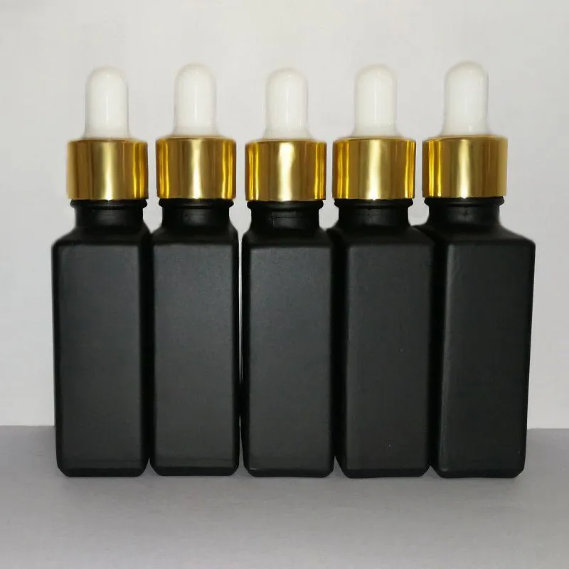 Bottiglie contagocce con pipetta reagente in vetro smerigliato nero da 30 ml Bottiglia di profumo di olio essenziale quadrato Oli di fumo e bottiglia di liquido con tappo in oro Upenp