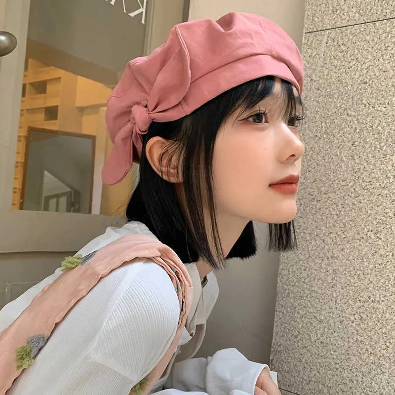 Berets Bow Beret Female Spring and Summer Fashion Simple Show Face Small Everything Painter Hat Fresh Artistic Cute Pink Hat Female Z0613