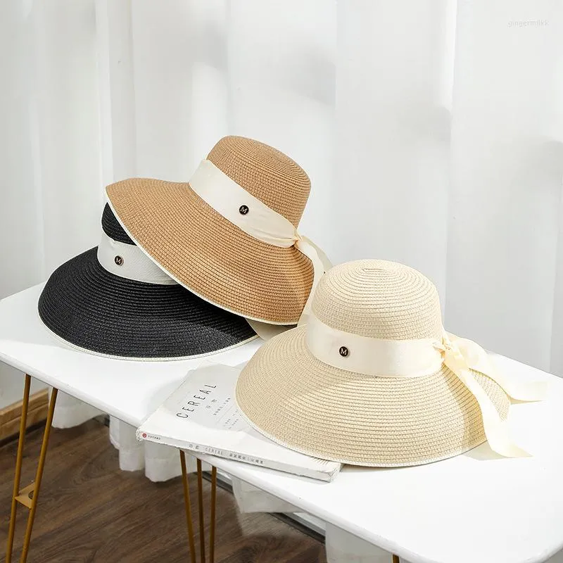 قبعات واسعة الحافة الرياح الشاطئ الرجعية قبعة القش القوس أنثى الصيف الساحلية كبيرة الشمس حماية الظل ظلال العطلات الترفيه