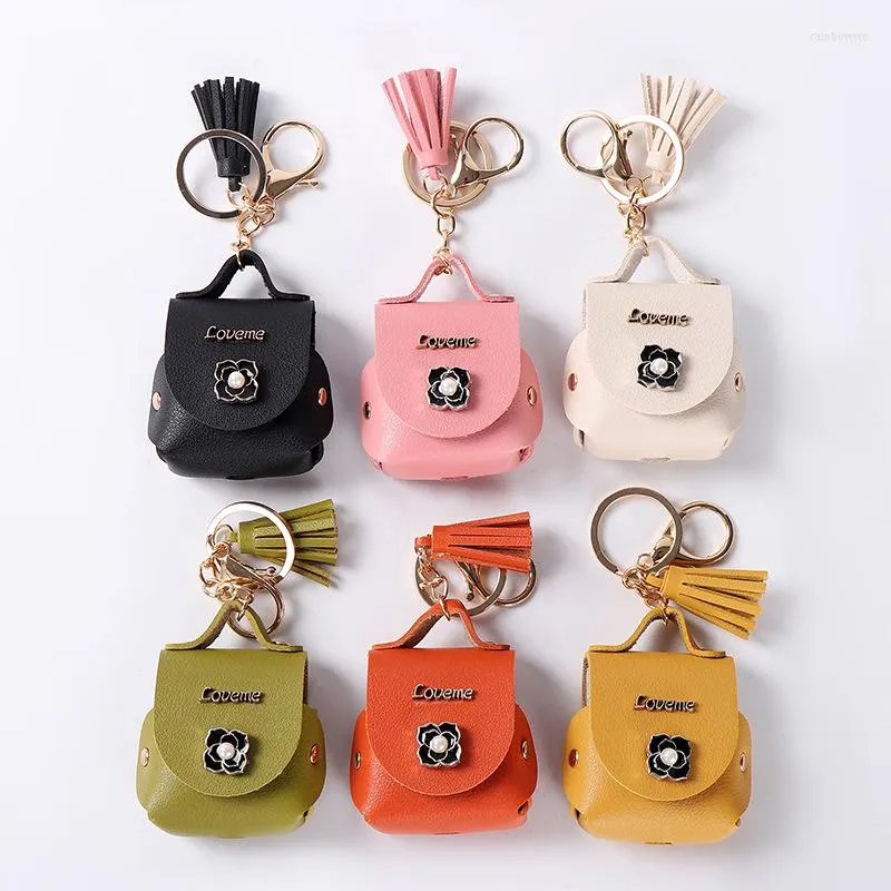 Keychains Elegant Camellia Leather Earphone Bag Keychain Multi Color Case Storage For Girls Gift