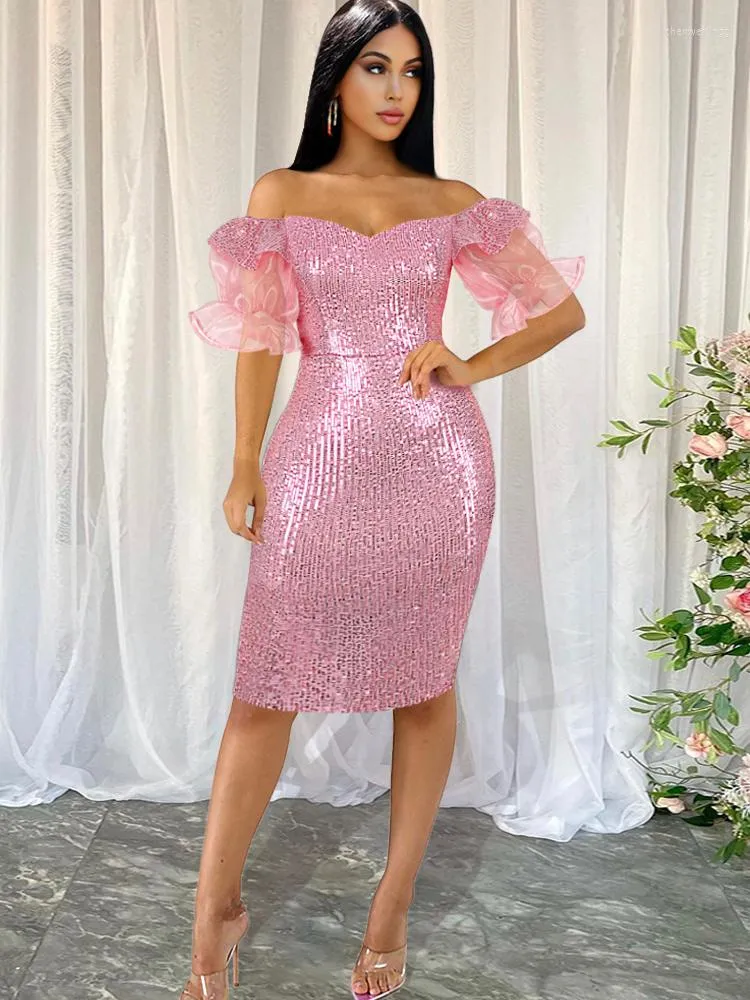 Abiti casual paillettes di lusso rosa per le donne 2023 estate elegante scollo a barchetta manica corta backless aderente fessura abito da sera partito midi