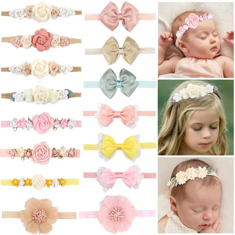 Haarschmuck 2/4 Stück Blume Baby Mädchen Stirnband Geborene Spitze Bogen Haarbänder Weiche Turban Kleinkind Band Elastische Kopfbedeckung PO Headwraps