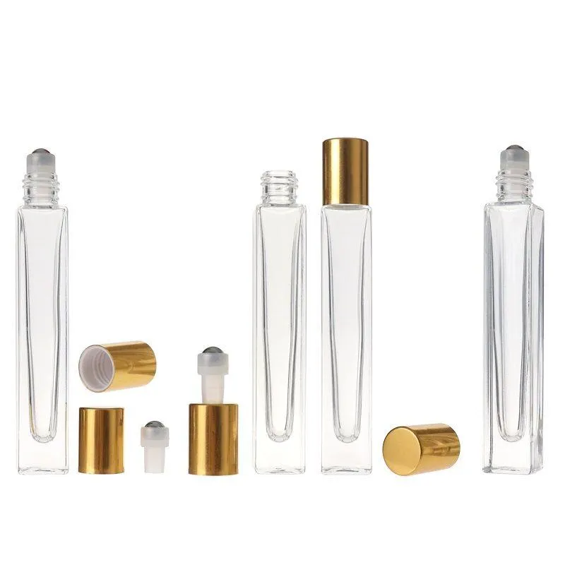 Rolo de vidro transparente quadrado de 10ml, caneta vazia com tampa dourada, bola de rolo de aço inoxidável para óleo essencial, perfume pvgmd