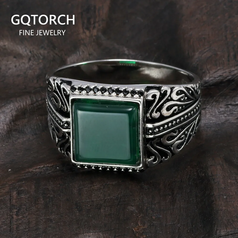 Solitaire Ring 925 Sterling Silver Rings Mens Vintage Flower Engraved Black Green Red Natural Onyx Stone Square Shape Punk Turkey Jewelry 230616