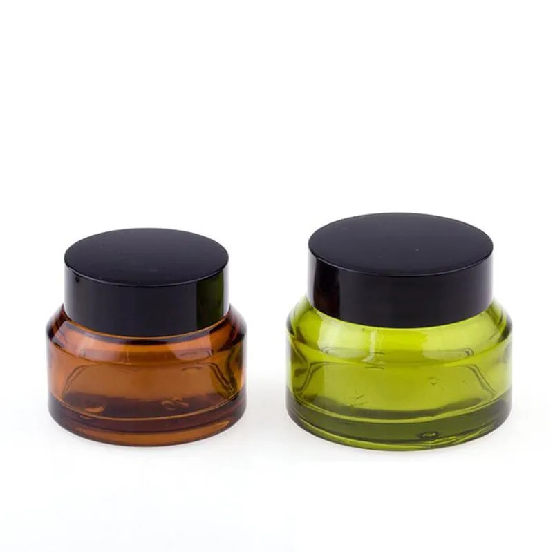 2021 15g 30g 50g Brown Green Empty Glass Jars With Black Lids Cosmetic Containers Skin Care Eye Cream Jars Pot Refillable Bottles