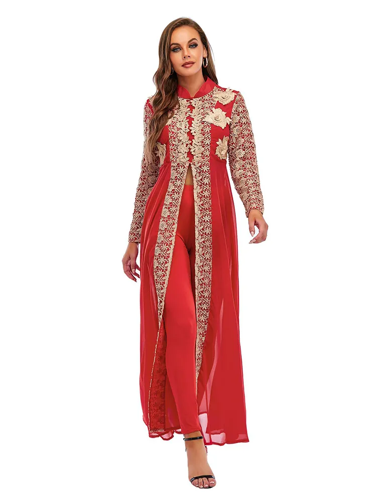 Vêtements ethniques élégant col montant femmes robe musulmane Abaya 2 pièces ensemble Floral manches longues grande balançoire une ligne fête Maxi Vestidos robes longues 230616