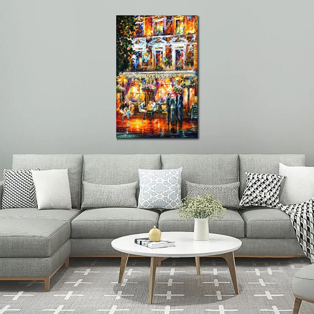 Street Landscape Canvas Art Shrlock Holmes Handmade Modern Painting for Family Room Decor