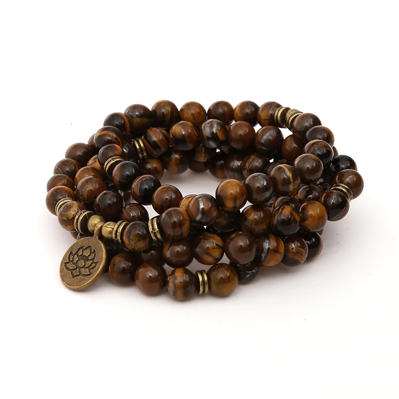 Bangła 8 mm Tiger Eye Stone Koraliki Strand Chakra Bransoletka lub naszyjnik Joga Lotus Om Buddha 108 Mala dla mężczyzn Women 230615