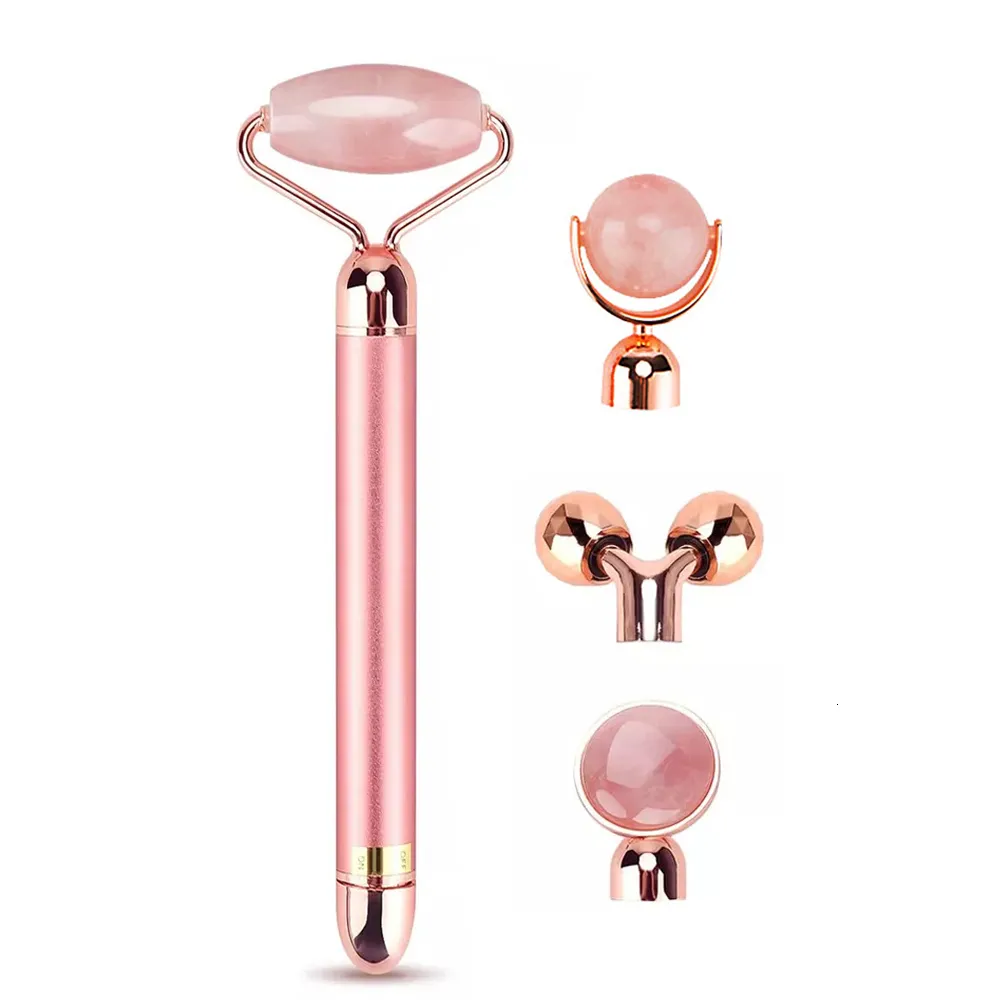 Masseur de visage Électrique Rose Quartz Masseur Rouleau 4 En 1 Vibrant Quartz Rouleau Visage Corps Outil De Massage Soins De La Peau Lifting Beauté Bar 230615