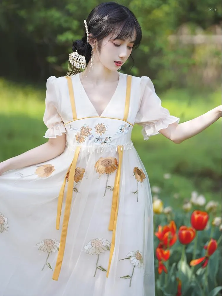 Платья для вечеринок Sweetxue Hanfu вышитая тяжелая индустрия с бахромой с бисером в китайском стиле ретро свободное сказочное романтическое платье Vestidos