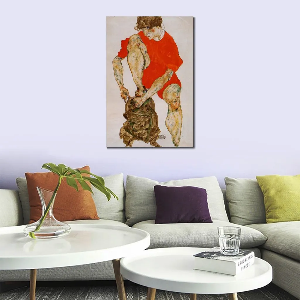 Female Canvas Art Female Model in Bright Red Jacket and Pants Egon Schiele Painting Handcrafted Artwork Home Decor for Bedroom