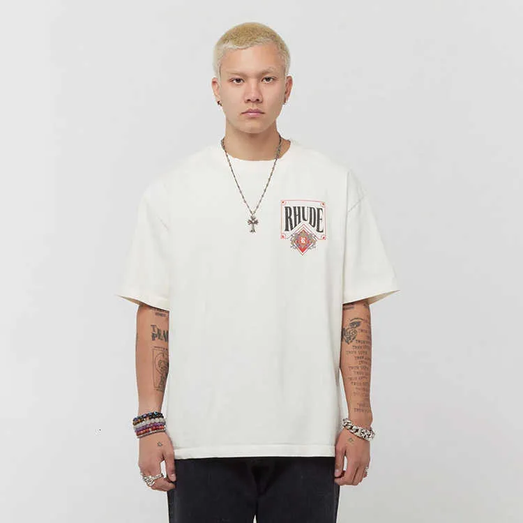 メンズTシャツトップクラフトマンシップRhudes夏のファッションデザイナーRhude American Card Poker Letter Print High Street Roose Casual Couple Round NeckMen