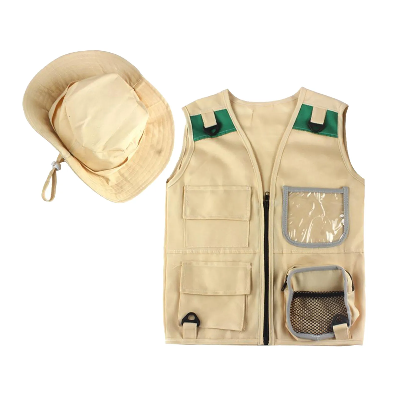 Durable Young Boy Cargo Vest And Hat 4 Pockets Explorer Safari Costume for 3-7 Age Park Zoo Keeper
