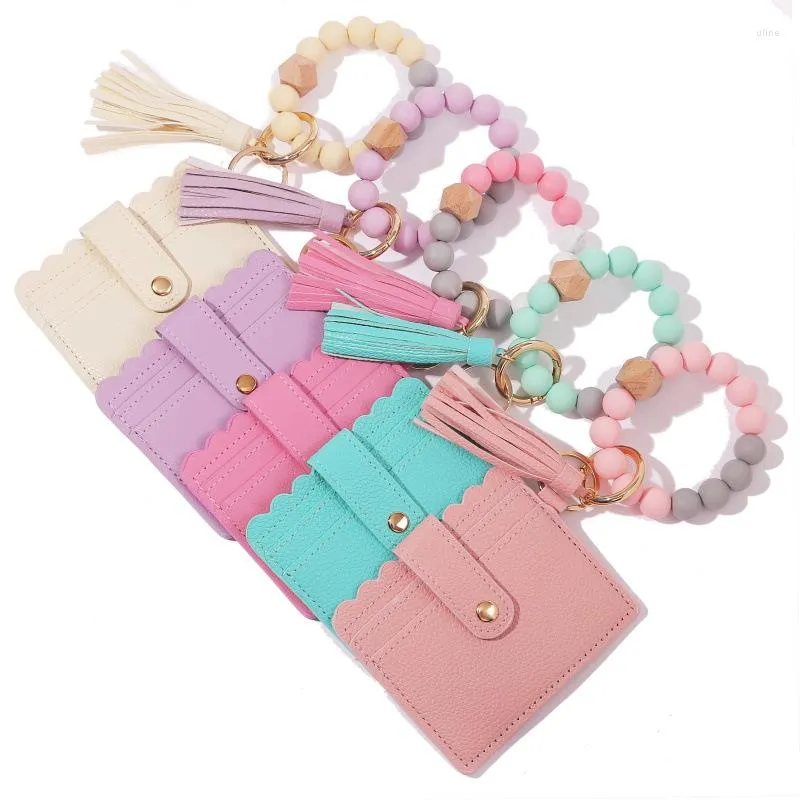 Link Bracelets Food Grade Silicone Bead Hand String Key Ring PU Tassel Card Bag Bracelet