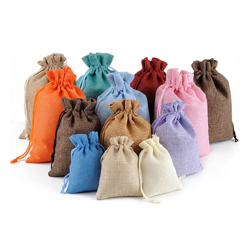 Arpillera ecológica mini sackcloth lino bolsas de joyas de joyería