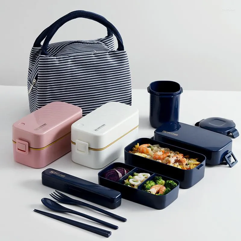 Zestawy naczyń obiadowych Izolowana torba na lunch dla dzieci podwójna warstwowa plastikowa duża pojemność japońska zapieczętowana szczelna odporna na szczelność mikrofalowa bento lunchbox