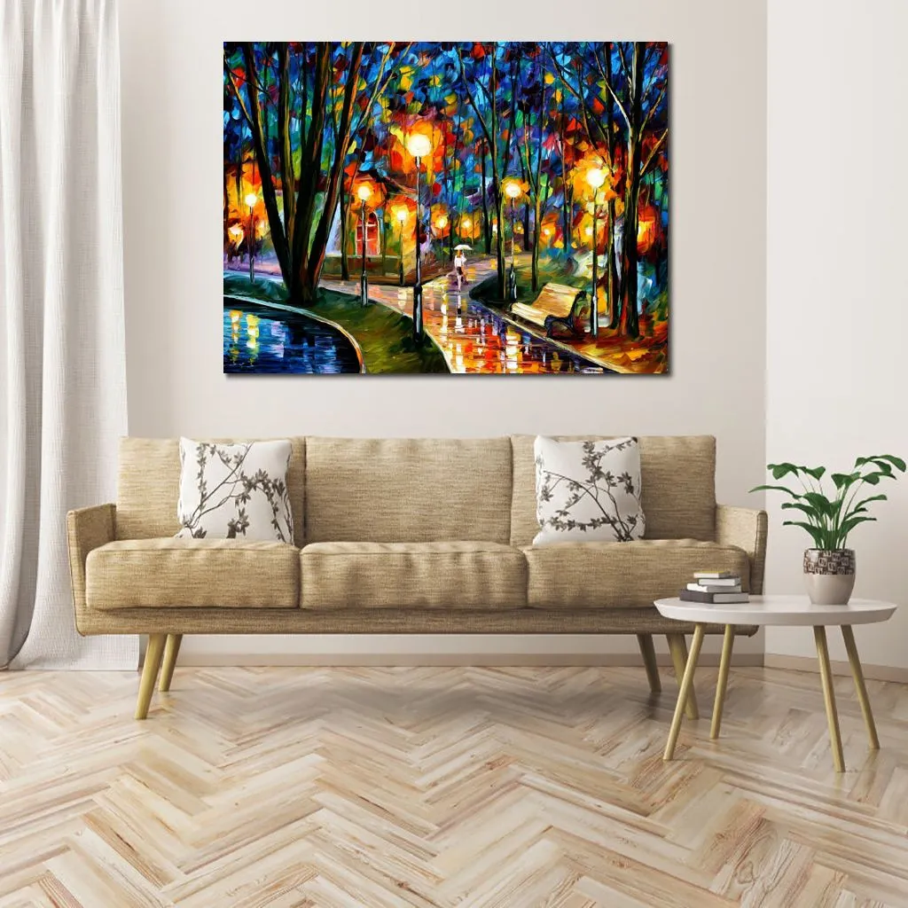 Fine Art Canvas Schilderij Park by The Lake Handgemaakt Hedendaags Kunstwerk Landschap Wanddecoratie